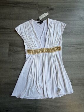 Y2K White Empire Waist Top Gold Chain Detail Babydoll Size S NWT